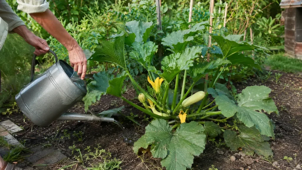 Полив плодоносящего куста кабачка из лейки непосредственно под корень