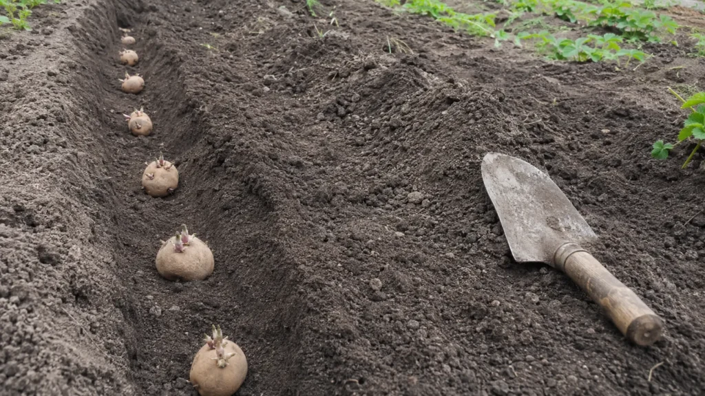 Посадка пророщенных клубней картофеля ростками вверх в подготовленную борозду