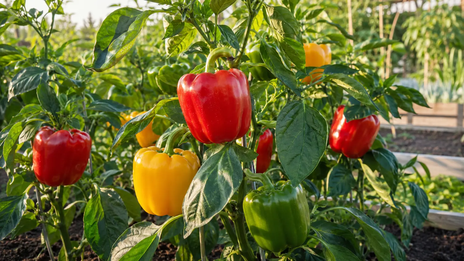 Красные, жёлтые и зелёные плоды сладкого перца на здоровых кустах