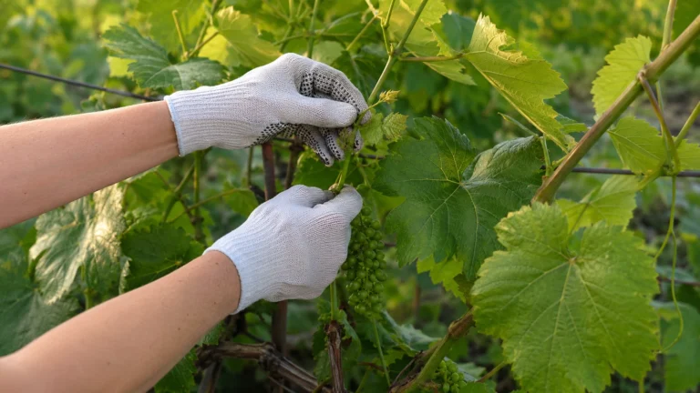 Летнее пасынкование винограда рядом с зелёной гроздью