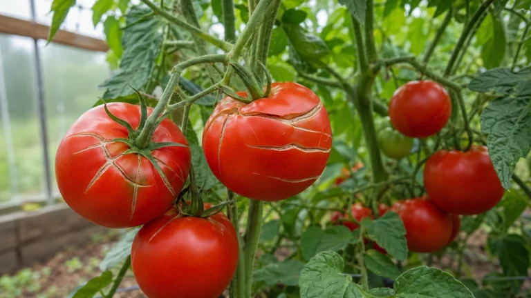 Растрескавшиеся и целые красные помидоры на кусте в теплице